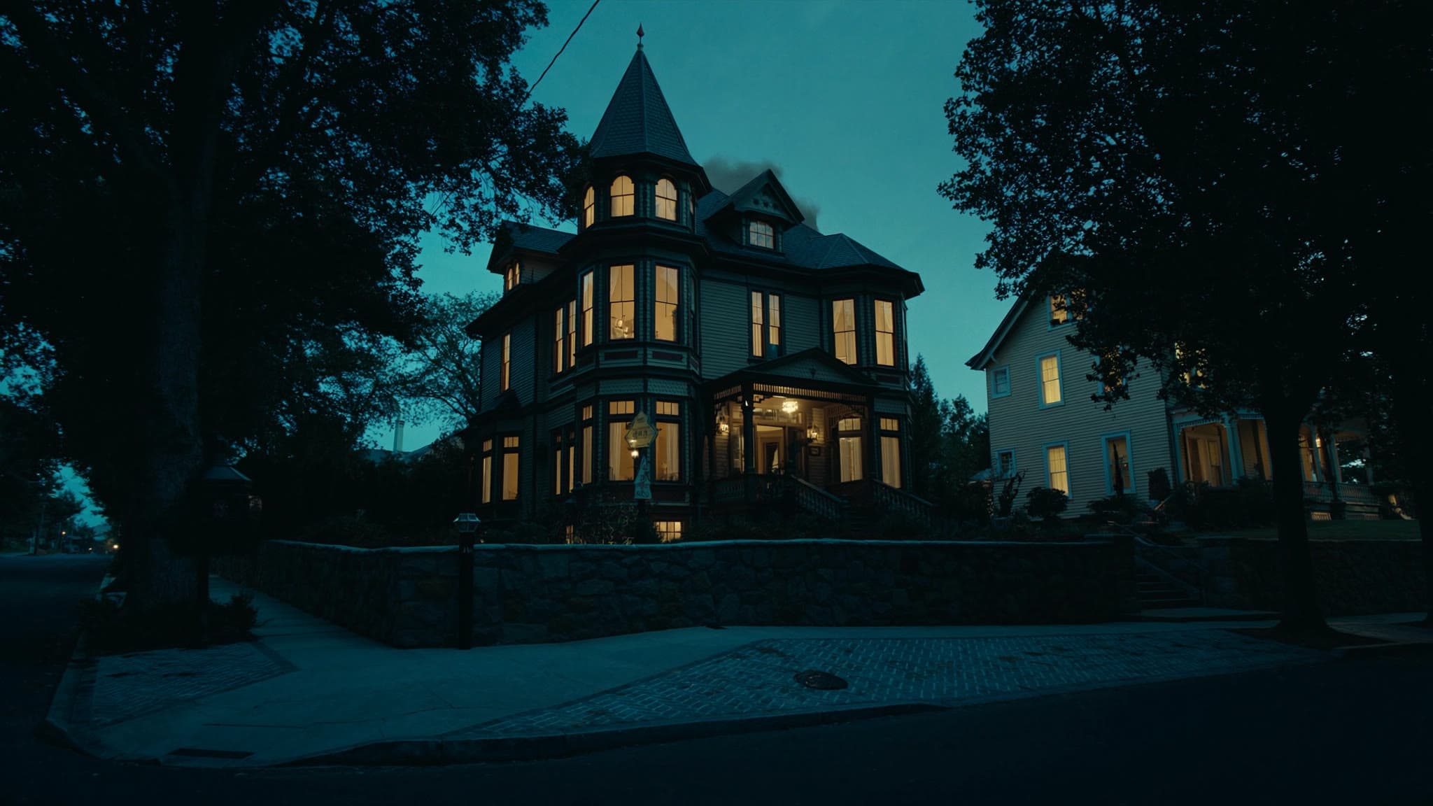 Newton at dusk: stylized artwork of Victorian houses on a tree-lined village street, not a photograph
