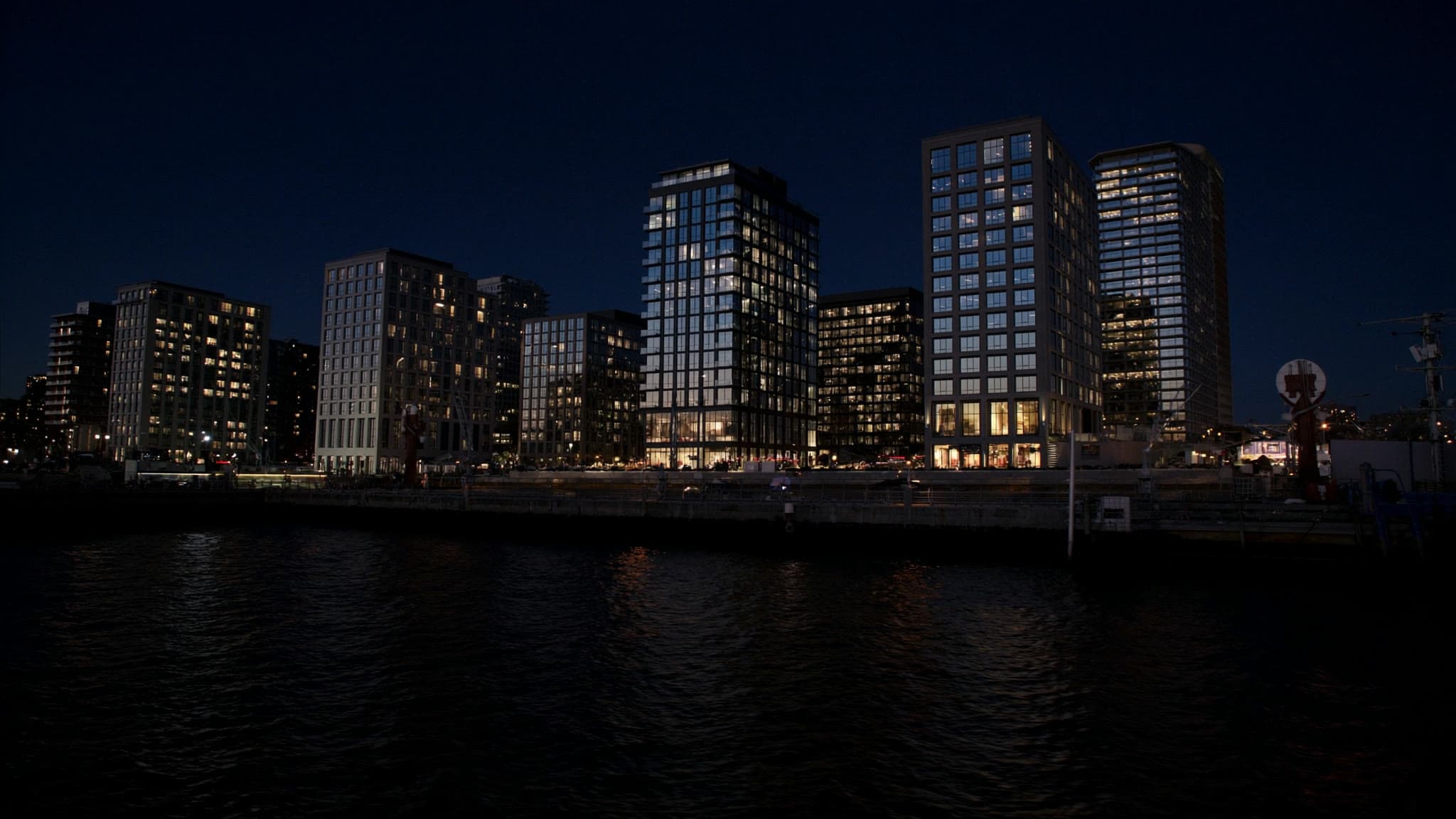 South Boston at dusk: stylized artwork of the Seaport waterfront, not a photograph